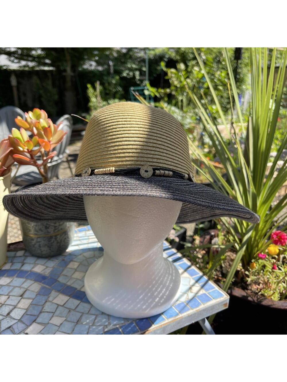 The Hatter Blue Natural Woven Sun Hat With Beading One Size